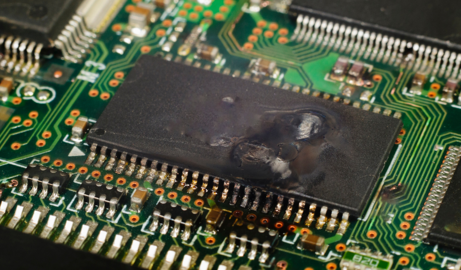 Burnt-out microchip on a circuit board, illustrating this week's semiconductor selloff