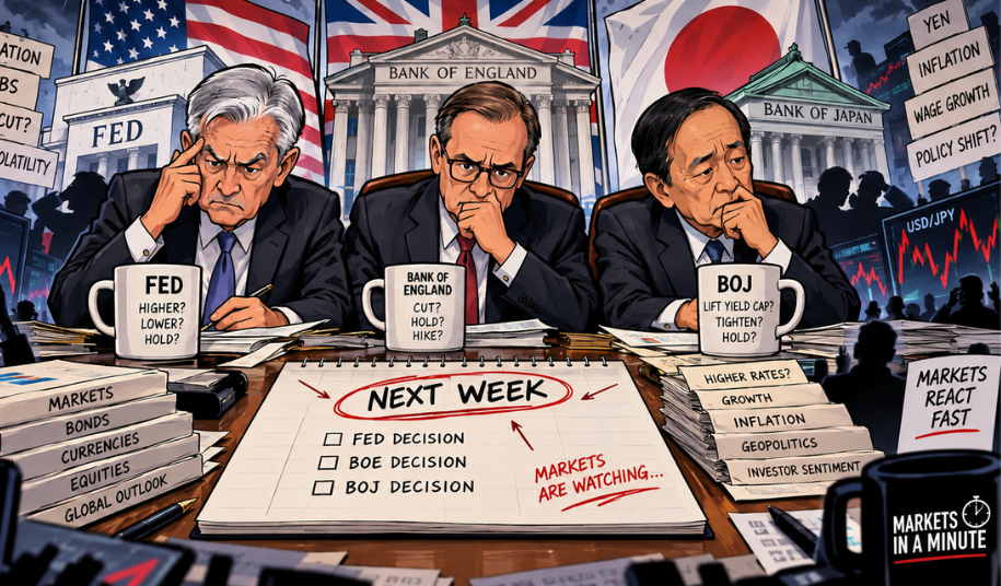 Illustration of Federal Reserve, Bank of England and Bank of Japan policymakers ahead of next week’s interest rate decisions.