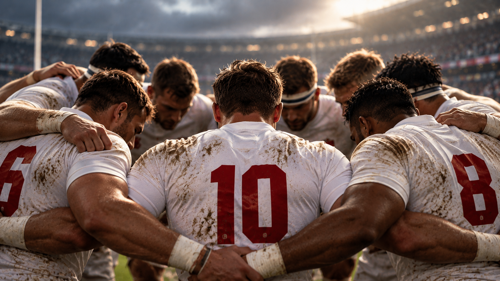 Rugby players in a team huddle, representing the On the Team Sheet funds in focus series