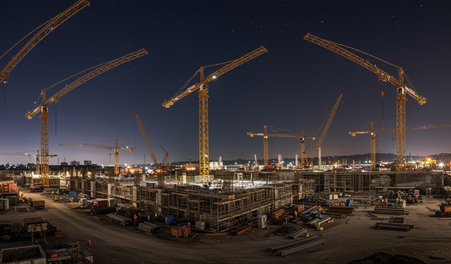 Large industrial construction site illuminated at night with multiple tower cranes, representing investment in AI infrastructure